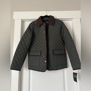 Lauren Ralph Lauren Olive Green Quilted Puffer Jacket with Brown Trim